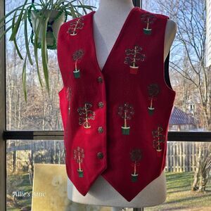 Wmns Christmas Holiday Embroidered Potted Plant Trees Ugly Button Vest Red S